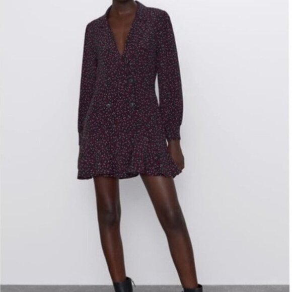 Zara Black Floral Print Blazer Tuxedo Skort Dress Womens Size Small Long Sleeves - Picture 6 of 8